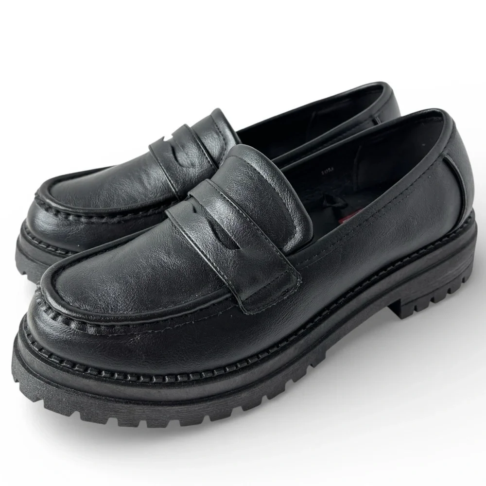 POP Womens Chunky Platform Penny Loafers Black Faux Leather Shoe Size 10 Gothic